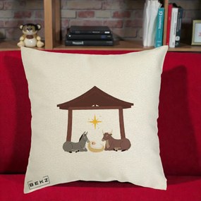 Perna Decorativa Ieslea din Betleem cu Iesle Asin si Bou, 40x40 cm, Ecru, Husa Detasabila, Perna Inclusa, BEKZ®