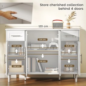 HOMCOM Mobilier de Sufragerie, Credență cu 2 Sertare și 3 Dulapuri cu Rafturi Reglabile, Comodă cu Picioare din Pin pentru Sala de Mese și Bucătărie, 120x38x86 cm, Alb | Aosom Romania