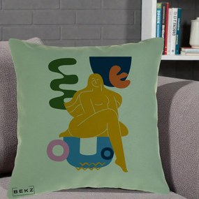 Perna Decorativa Femeie Relaxata Abstract, 40x40 cm, Verde, Husa Detasabila, Perna Inclusa, BEKZ®