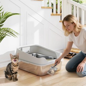 PawHut Arenero pentru Pisici din Oțel Inoxidabil XXL cu Margini Înalte Lopată Ușor de Curățat Test de Scurgeri 70x50x30 cm Gri | Aosom Romania