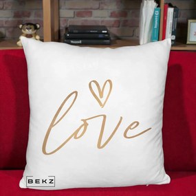Perna Decorativa Love Caligrafie Aurie, 40x40 cm, Alb Pufos, Husa Detasabila, Perna Inclusa, BEKZ®