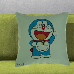 Perna Personalizata Doraemon Salutand, 40x40 cm, Verde, Husa Detasabila, Perna Inclusa, BEKZ®