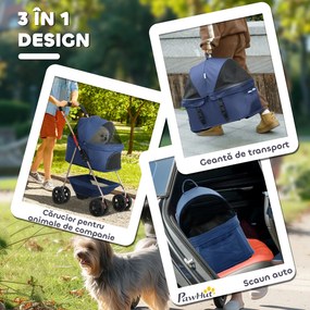 PawHut Cărucior pentru Animale de Companie 3 în 1 cu 4 Roți și Geantă de Transport Detașabilă, 76x50x102 cm, Albastru | Aosom Romania