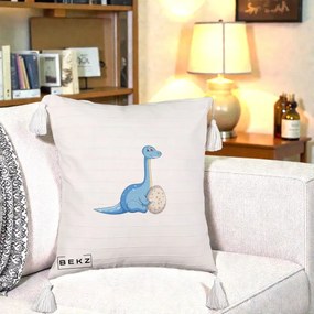 Perna Decorativa Brontosaur cu Ou, 40x40 cm, Bej cu Franjuri, Husa Detasabila, Perna Inclusa, BEKZ®