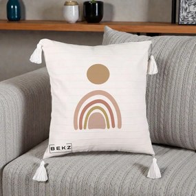 Perna Decorativa Boho Rainbow Sun, 40x40 cm, Bej cu Franjuri, Husa Detasabila, Perna Inclusa, BEKZ®