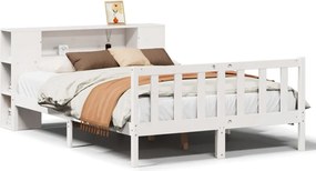 vidaXL Pat cu bibliotecă fără saltea, alb, 140x190 cm, lemn masiv pin