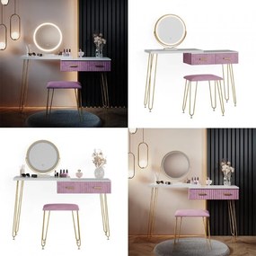 SEA394 - Set Masa toaleta, 120 cm, cosmetica machiaj, oglinda cu LED, masuta vanity, scaun tapitat - Alb-Auriu-Roz