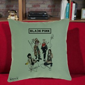 Perna Personalizata K-pop BLACKPINK Fotografie Grup Autografe Toate Membre, 40x40 cm, Verde, Husa Detasabila, Perna Inclusa, BEKZ®