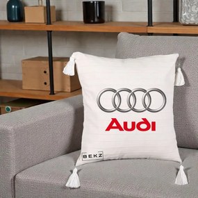 Perna Personalizata cu emblema Audi, 40x40 cm, Bej cu Franjuri, Husa Detasabila, Perna Inclusa, BEKZ®
