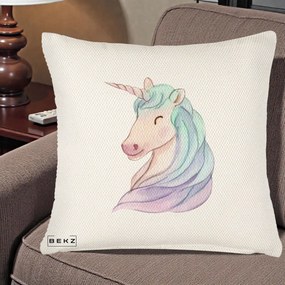 Perna Decorativa Unicorn Acuarela Pastel, 40x40 cm, Crem Reliefat, Husa Detasabila, Perna Inclusa, BEKZ®