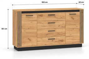 Comoda cu 4 sertare si 2 usi, stejar artisan  insertie negru, 160x90x40 cm, modern ,model riflaj pe margini, picioare negre , pentru living ,