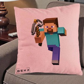 Perna Personalizata Minecraft Steve, 40x40 cm, Roz, Husa Detasabila, Perna Inclusa, BEKZ®