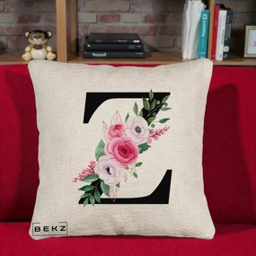 Cadou Personalizat - Perna Personalizata Monograma Florala Litera Z cu Buchet, 40x40 cm, Bej Canapea, Husa Detasabila, Perna Inclusa, BEKZ®