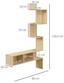 Raft de depozitare HOMCOM MDF cu rafturi deschise pentru sufragerie si dormitor, 80x20x128,5 cm, de culoare stejar