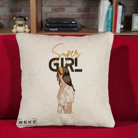 Perna Decorativa Super Girl Aesthetic, 40x40 cm, Bej Canapea, Husa Detasabila, Perna Inclusa, BEKZ®