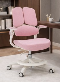 ErgoMotion Junior – Scaun Ergonomic pentru copii, Reglaje Multiple, Ajustare Personalizată, Adaptabil pe măsura creșterii, Suport Lombar 3 Zone, Roți Blocabile, Roz