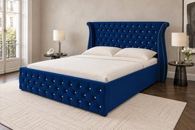 Pat tapițat din catifea Zafira 160×200 cm, bleumarin, cu ladă de depozitare