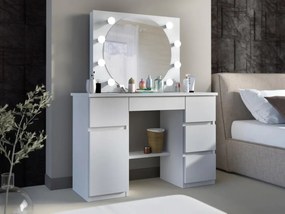 SEA545 - Set Masa toaleta, 120 cm, moderna cosmetica machiaj oglinda, masuta vanity, oglinda 8 LED, cu sau fara Priza, cu sau fara scaun - Alb