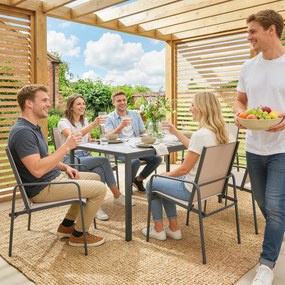 Outsunny Set masă și scaune pentru grădină cu masă cu efect lemn și 6 scaune cu șezut respirabil pentru terasă patio kaki | Aosom Romania