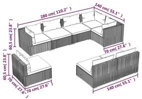 Set mobilier de gradina cu perne, 8 piese, maro, poliratan maro si rosu, 3x colt + 5x mijloc, 1