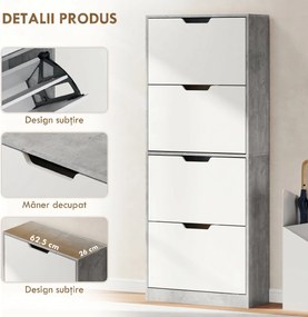 HOMCOM Scarpieră Economisitoare de Spațiu Modernă cu 4 Ante pentru 16 Perechi de Pantofi, 62.5x26x156 cm, Gri Ciment | Aosom Romania