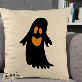 Perna Decorativa Halloween Fantoma Neagra cu Ochi Portocalii, 40x40 cm, Bej, Husa Detasabila, Perna Inclusa, BEKZ®