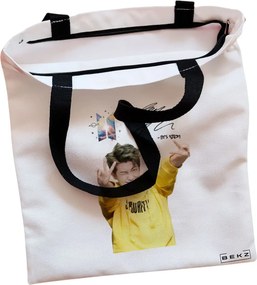 Sacosa de Panza pentru Cumparaturi, Geanta Tote, model BTS RM cu semnatura 2, Cu fermoar, 38x34.5 cm, Alba, BEKZ®