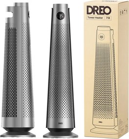 Încălzitor cu ventilator - tip turn DREO Solaris 718, 2000 W, 25 m², PTC, 5-35 °C, 5-35 °C, 9 moduri, oscilație de 120°, protecție în 8 trepte, temporizator, telecomandă, senzor de înclinare, gri/grafit