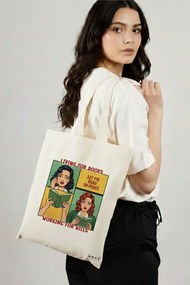 Sacosa de Panza pentru Cumparaturi, Geanta Tote, model Living for books, working for pills 38 x 34.5 cm, Alba, BEKZ®