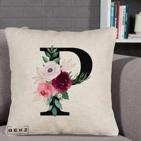 Cadou Personalizat - Perna Personalizata Monograma Florala Litera P, 40x40 cm, Bej Canapea, Husa Detasabila, Perna Inclusa, BEKZ®
