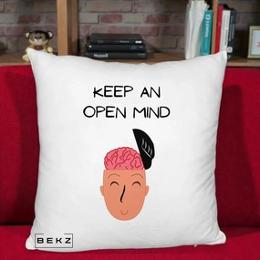 Perna Decorativa Keep An Open Mind, 40x40 cm, Alb Pufos, Husa Detasabila, Perna Inclusa, BEKZ®