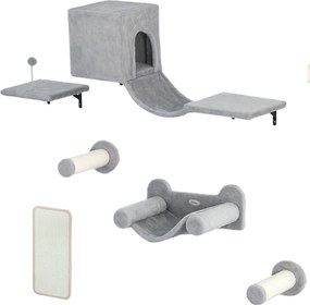 PawHut Perete de cățărat pentru pisici 6 piese set de cățărat cu căsuță pentru pisici, hamac, platformă placă de zgâriat Gri | Aosom Romania