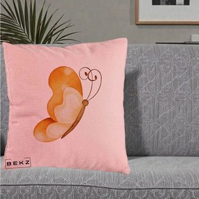 Perna Decorativa Fluture Acuarela Auriu, 40x40 cm, Roz, Husa Detasabila, Perna Inclusa, BEKZ®