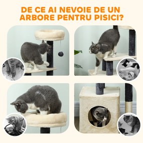 PawHut Arbore zgârietor pentru pisici, înalt de 92 cm, cu căsuță, culcuș, stâlpi din sisal și bila, crem alb | Aosom Romania