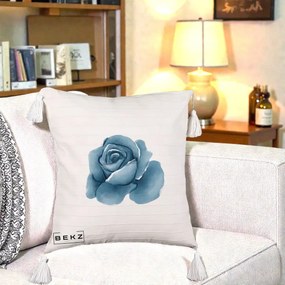 Perna Decorativa Trandafir Albastru Acuarela, 40x40 cm, Bej cu Franjuri, Husa Detasabila, Perna Inclusa, BEKZ®