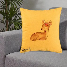 Perna Decorativa Caprioara cu Flori in Coama, 40x40 cm, Galben, Husa Detasabila, Perna Inclusa, BEKZ®