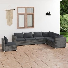 Set mobilier de gradina cu perne, 7 piese, gri, poliratan gri si antracit, 4x mijloc + 3x colt, 1