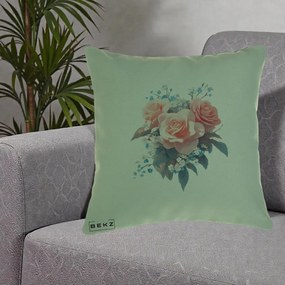 Perna Decorativa Trandafiri Roz cu Floricele Albastre, 40x40 cm, Verde, Husa Detasabila, Perna Inclusa, BEKZ®