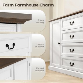HOMCOM Credență de Bucătărie, Mobilier de Bucătărie cu 4 Sertare Soft Close, Blat Gros, Bufet cu Rafturi Reglabile, Stil Rustic, pentru Sufragerie, Sala de Mese, 147x40x87 cm, Alb | Aosom Romania