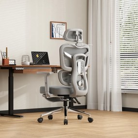 NEXORA CONFORT – Scaun ergonomic, suport lombar 3D adaptiv, tetieră 4D, cotiere 3D, șezut glisant, recliner 135°, suport pentru picioare, bază metalică, Mesh, Gri