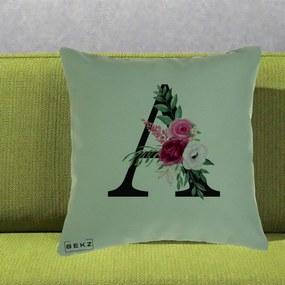 Cadou Personalizat - Perna Personalizata Monograma Florala Litera A, 40x40 cm, Verde, Husa Detasabila, Perna Inclusa, BEKZ®