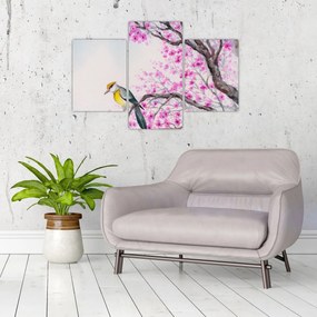 Tablou - Pasăre pe un copac cu flori roz (90x60 cm)