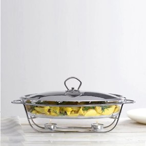 Vas termorezistent cu incalzitor 3L, suport si capac argintiu, chafing dish, Helios