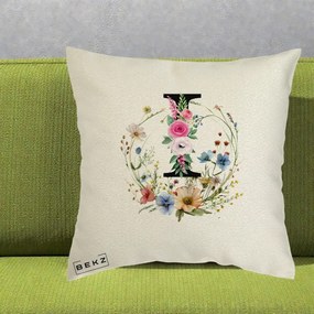 Cadou Personalizat - Perna Personalizata Monogram Litera I cu Flori Acuarela, 40x40 cm, Ecru, Husa Detasabila, Perna Inclusa, BEKZ®