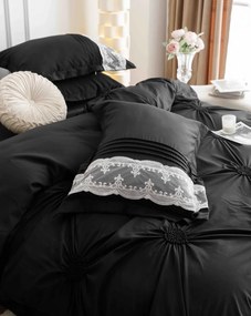 Lenjerie pat dublu, Inimi Brodate, 6 Piese, Finet Premium - Negru