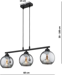 Brilagi - Lustră suspendată pe cablu DIOR 3xE27/60W/230V negru/gri fumuriu