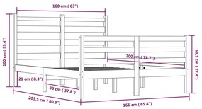 Cadru de pat, 160x200 cm, lemn masiv de pin, gri Gri, 160 x 200 cm
