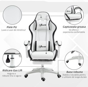 Vinsetto Scaun Gaming Reglabil pe Înălțime, Rabatabil și cu Suport pentru Picioare, Alb | Aosom Romania
