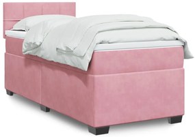 vidaXL Pat box spring cu saltea, roz, 90x200 cm, catifea