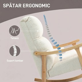 HOMCOM Scaun Balansoar Tapițat din Catifea Teddy, cu Spătar Ergonomic și Picioare din Lemn de Cauciuc,  Alb crem | Aosom Romania